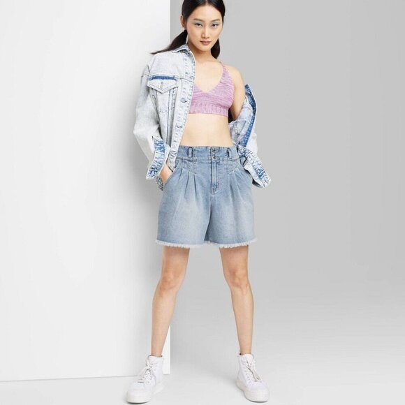 Wild Fable Shorts Blue Highest Rise A Line Pleated Bermuda Denim - Picture 1 of 12